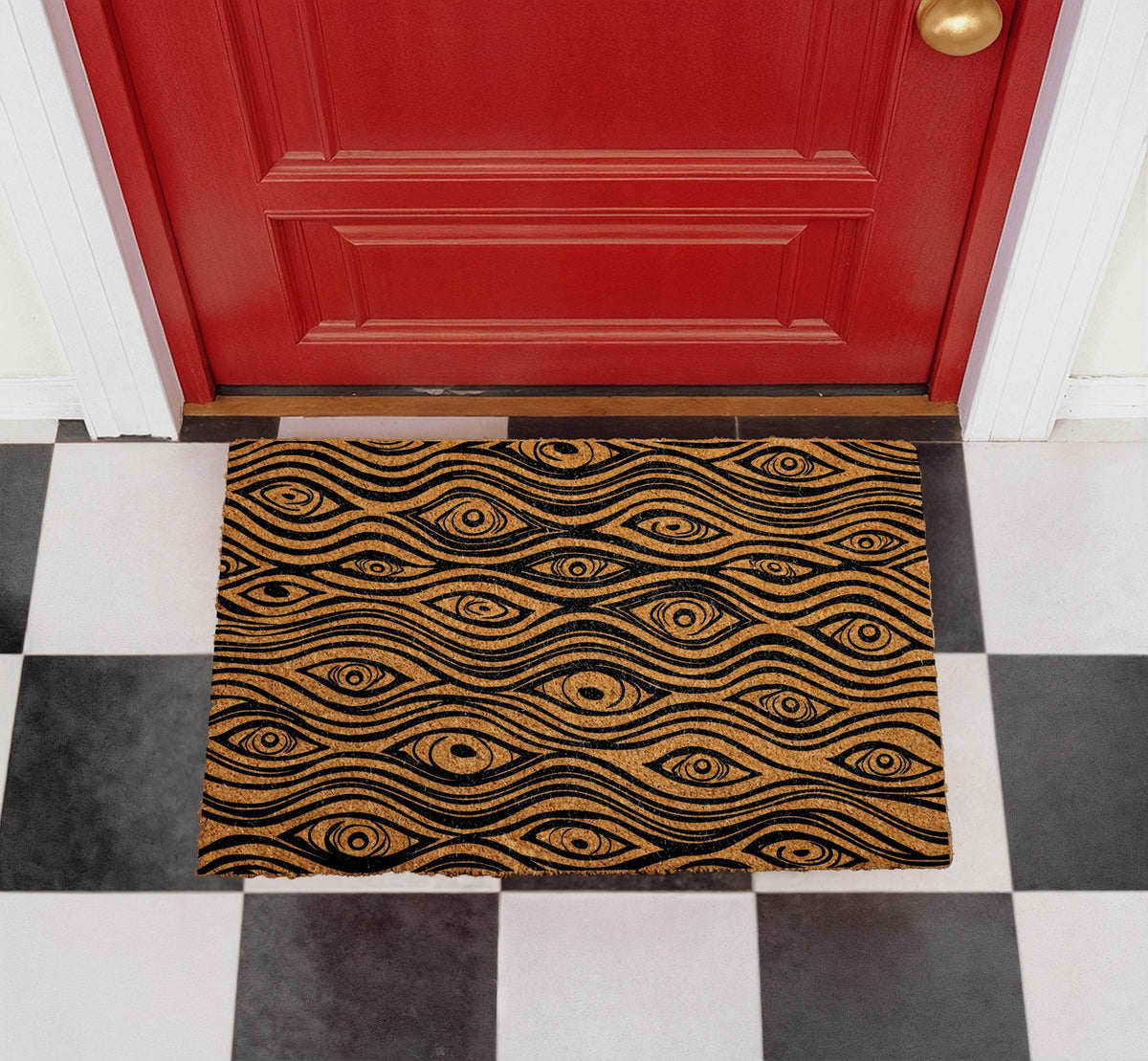 Trippy Eye Pattern Doormat, Psychedelic Illusion Coir Welcome Mat, Boho Outdoor Rug