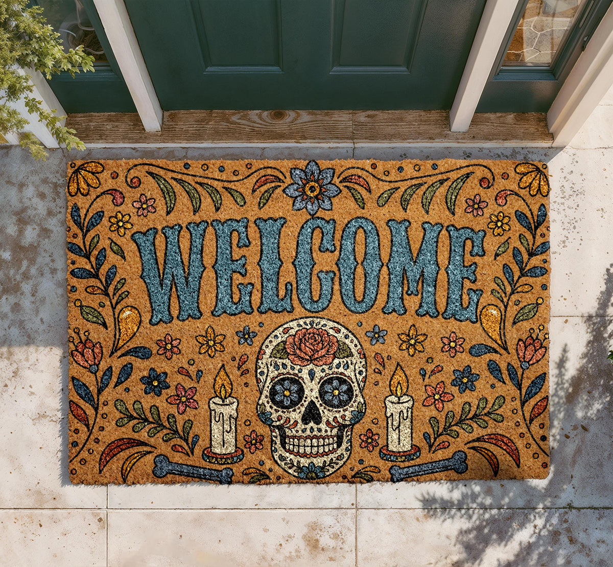 Dia de los Muertos Sugar Skull Doormat, Colorful Floral Gothic Entry Rug
