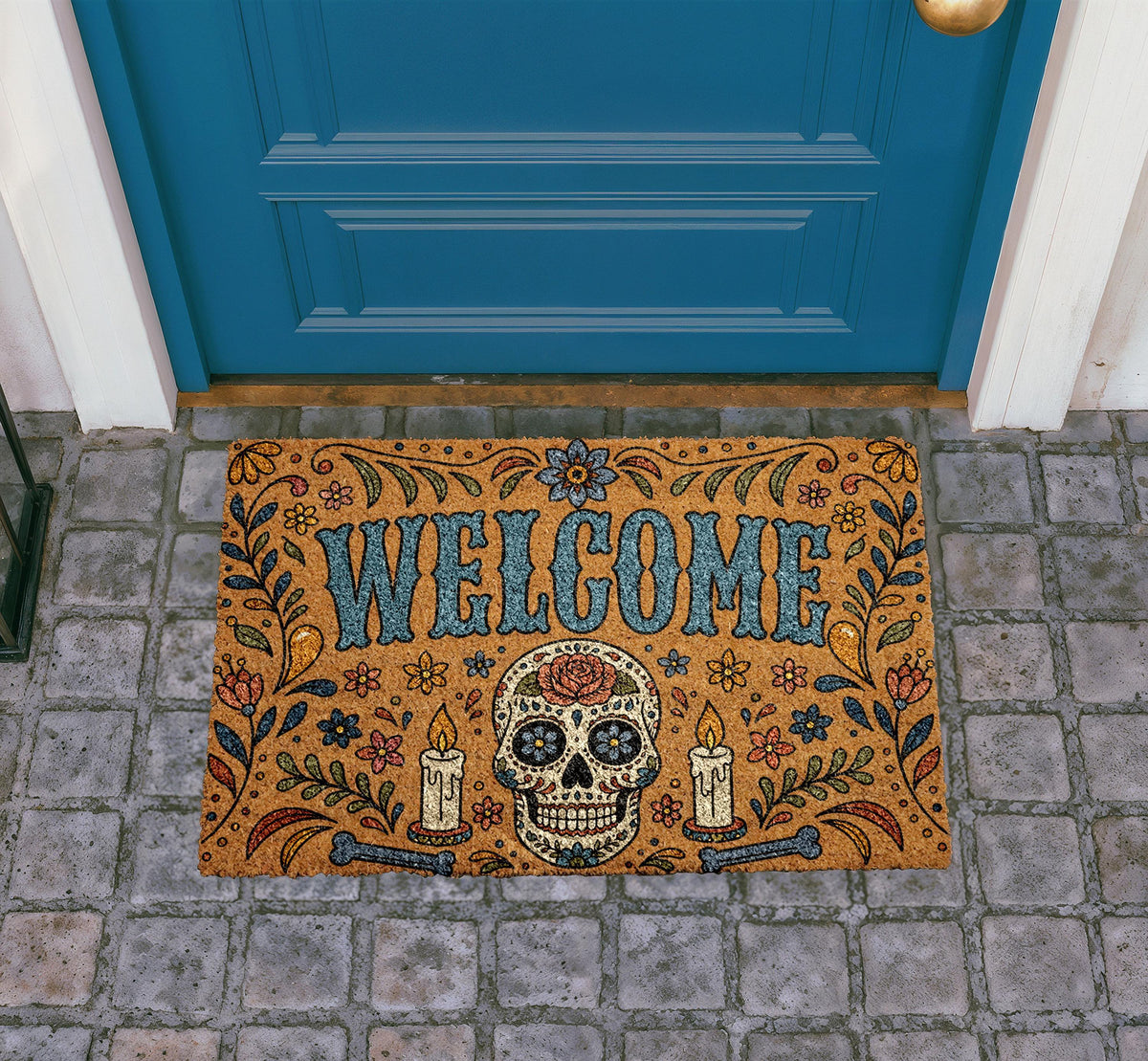 Dia de los Muertos Sugar Skull Doormat, Colorful Floral Gothic Entry Rug