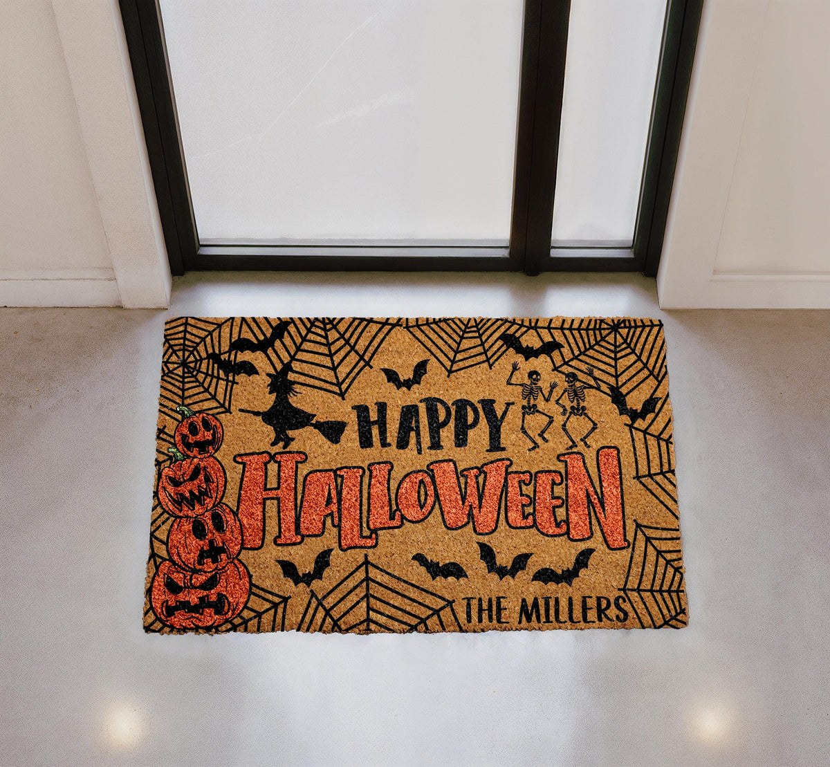 Personalized Happy Halloween Doormat, Custom Family Name Welcome Mat, Spooky Porch Decor