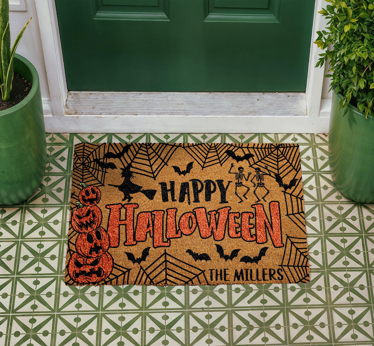 Personalized Happy Halloween Doormat, Custom Family Name Welcome Mat, Spooky Porch Decor