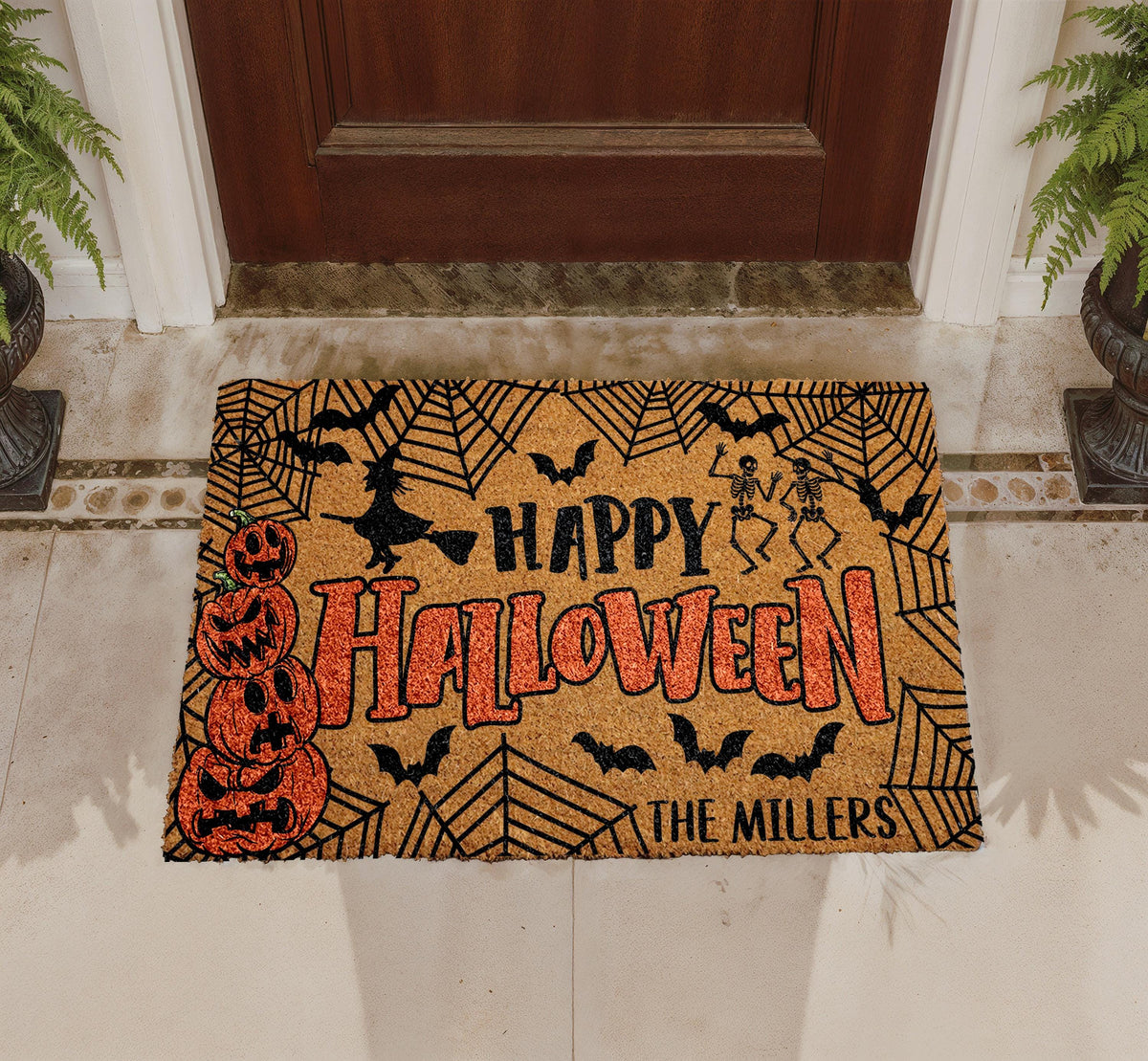 Personalized Happy Halloween Doormat, Custom Family Name Welcome Mat, Spooky Porch Decor