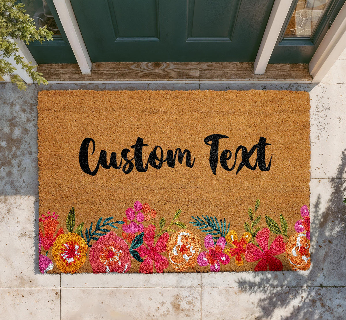 Personalized Floral Coir Doormat, Custom Welcome Mat, Outdoor Entry Rug