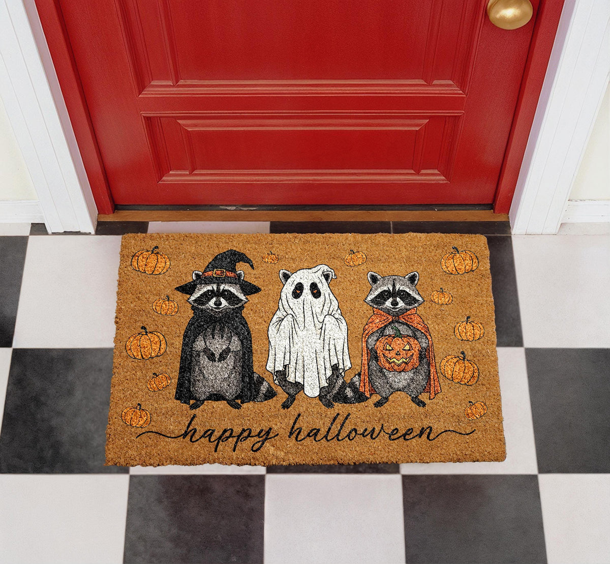 Raccoons Ghost Pumpkin Halloween Doormat, Natural Coir Welcome Rug