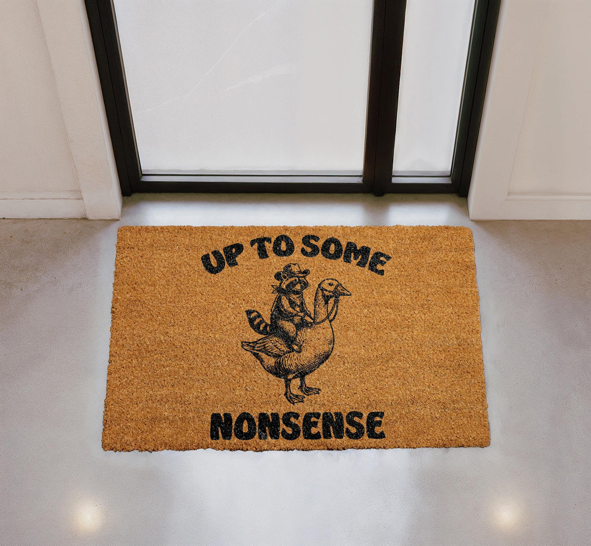 Funny Raccoon Goose "Up To Some Nonsense" Coir Doormat