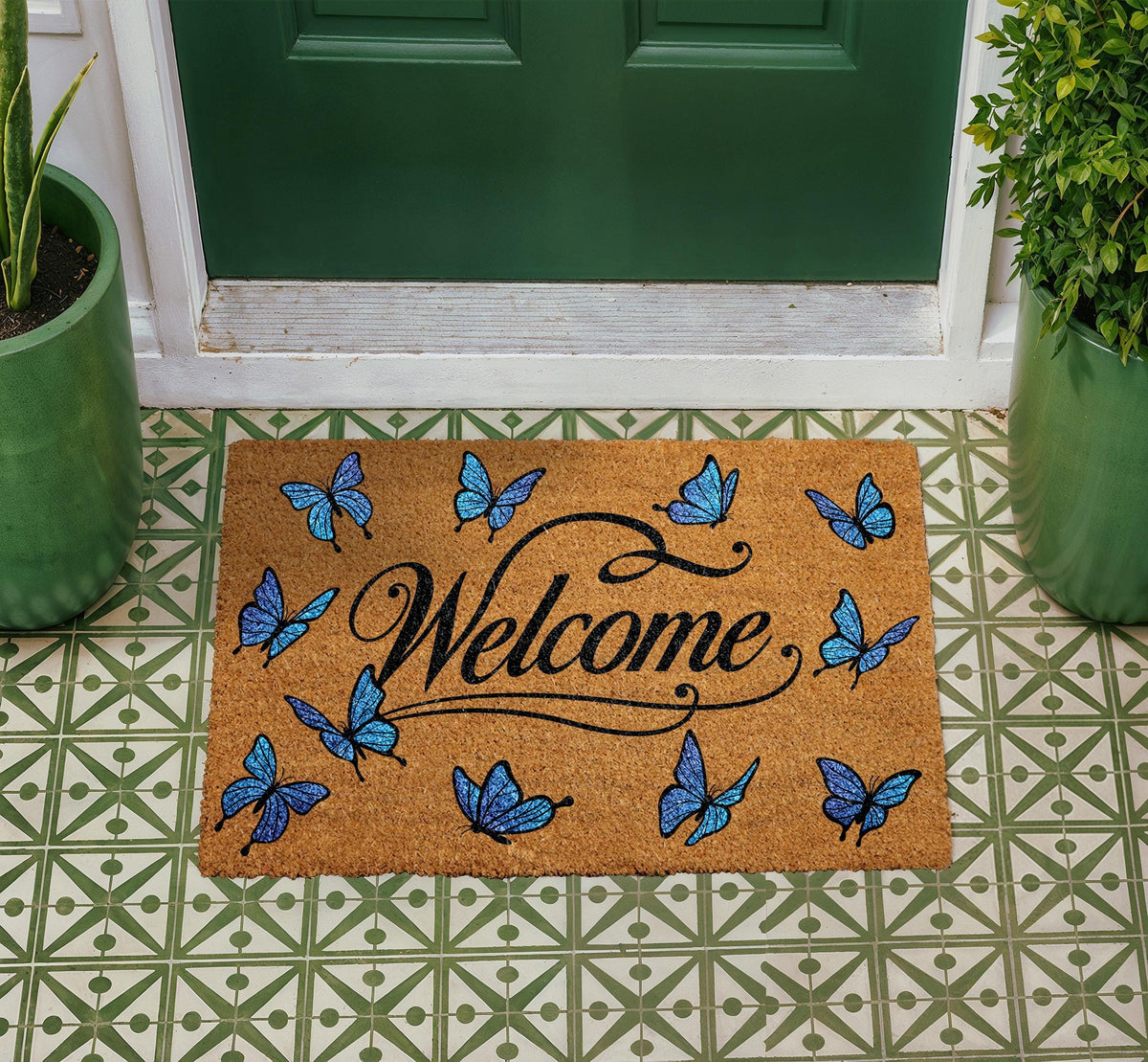 Personalized Butterfly Welcome Doormat, Natural Coir Entryway Mat, Nature Inspired Decor
