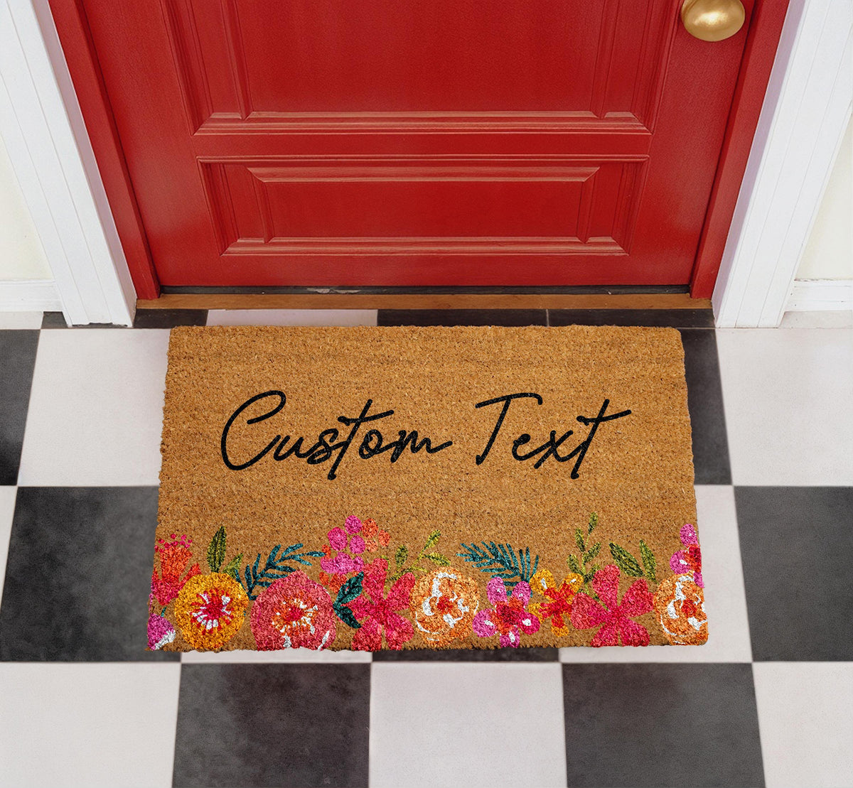 Personalized Floral Coir Doormat, Custom Welcome Mat, Outdoor Entry Rug