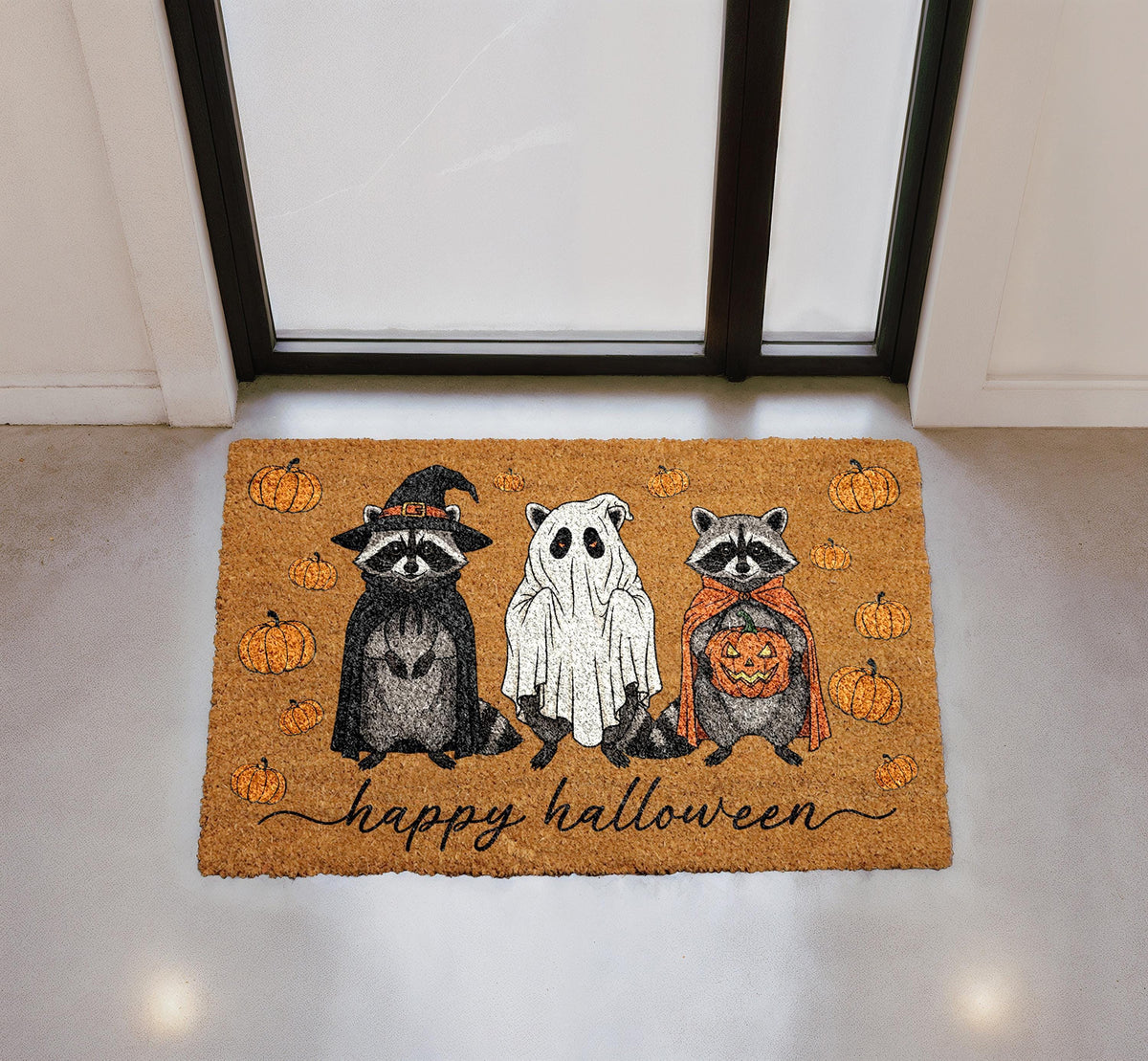Raccoons Ghost Pumpkin Halloween Doormat, Natural Coir Welcome Rug