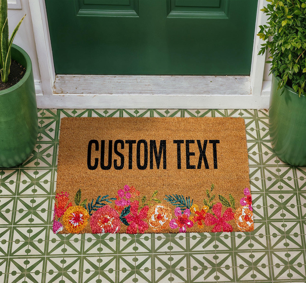 Personalized Floral Coir Doormat, Custom Welcome Mat, Outdoor Entry Rug