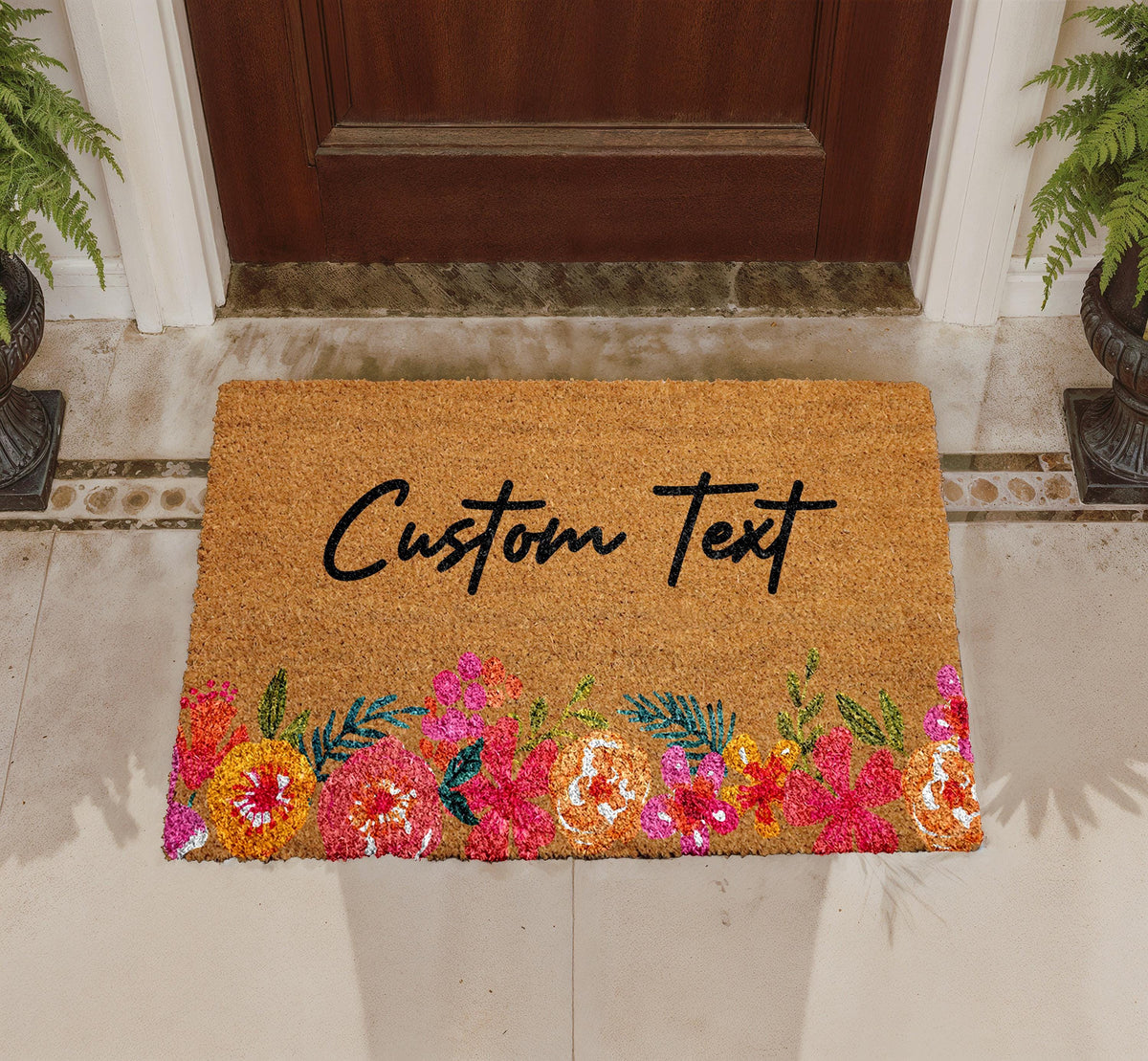 Personalized Floral Coir Doormat, Custom Welcome Mat, Outdoor Entry Rug