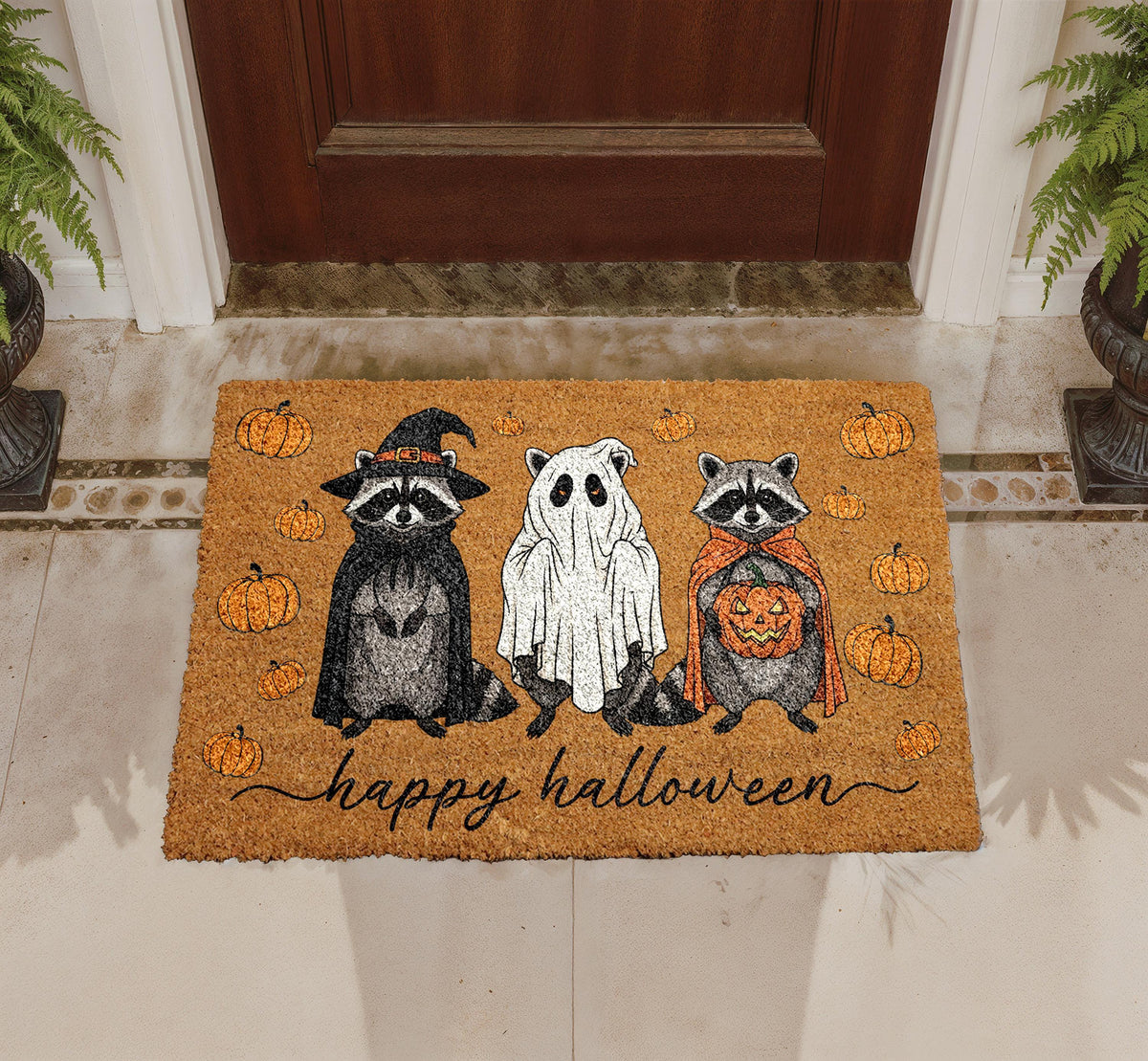 Raccoons Ghost Pumpkin Halloween Doormat, Natural Coir Welcome Rug
