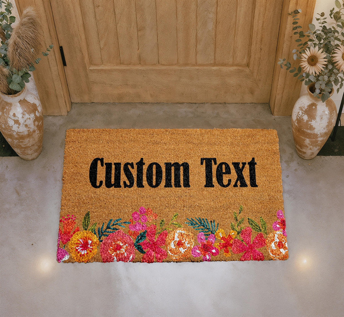 Personalized Floral Coir Doormat, Custom Welcome Mat, Outdoor Entry Rug