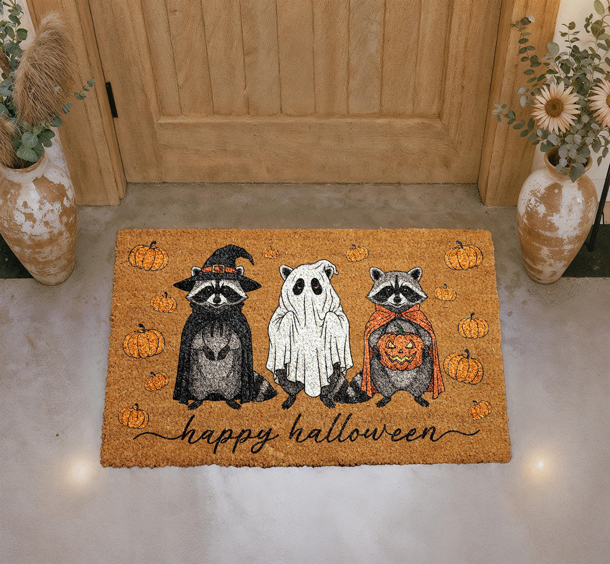 Raccoons Ghost Pumpkin Halloween Doormat, Natural Coir Welcome Rug