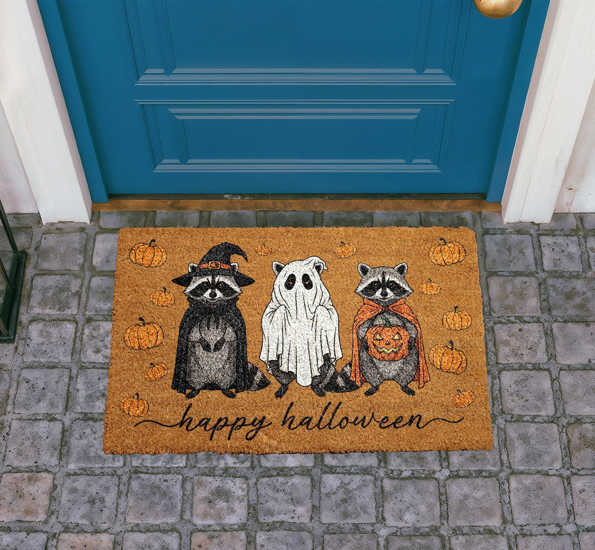 Raccoons Ghost Pumpkin Halloween Doormat, Natural Coir Welcome Rug