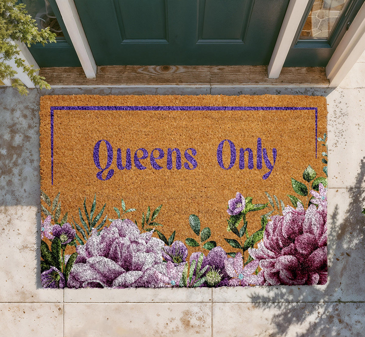 Floral Queens Only Doormat, Feminine Coir Entryway Rug, Elegant Flowers Front Porch Mat