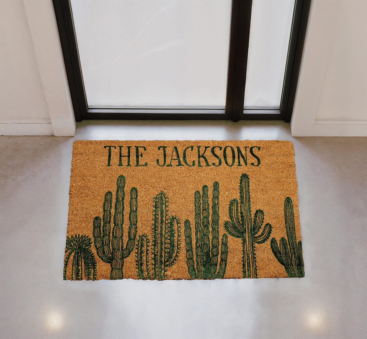 Personalized Cactus Coir Doormat, Custom Family Name Welcome Mat, Southwestern Entryway Rug