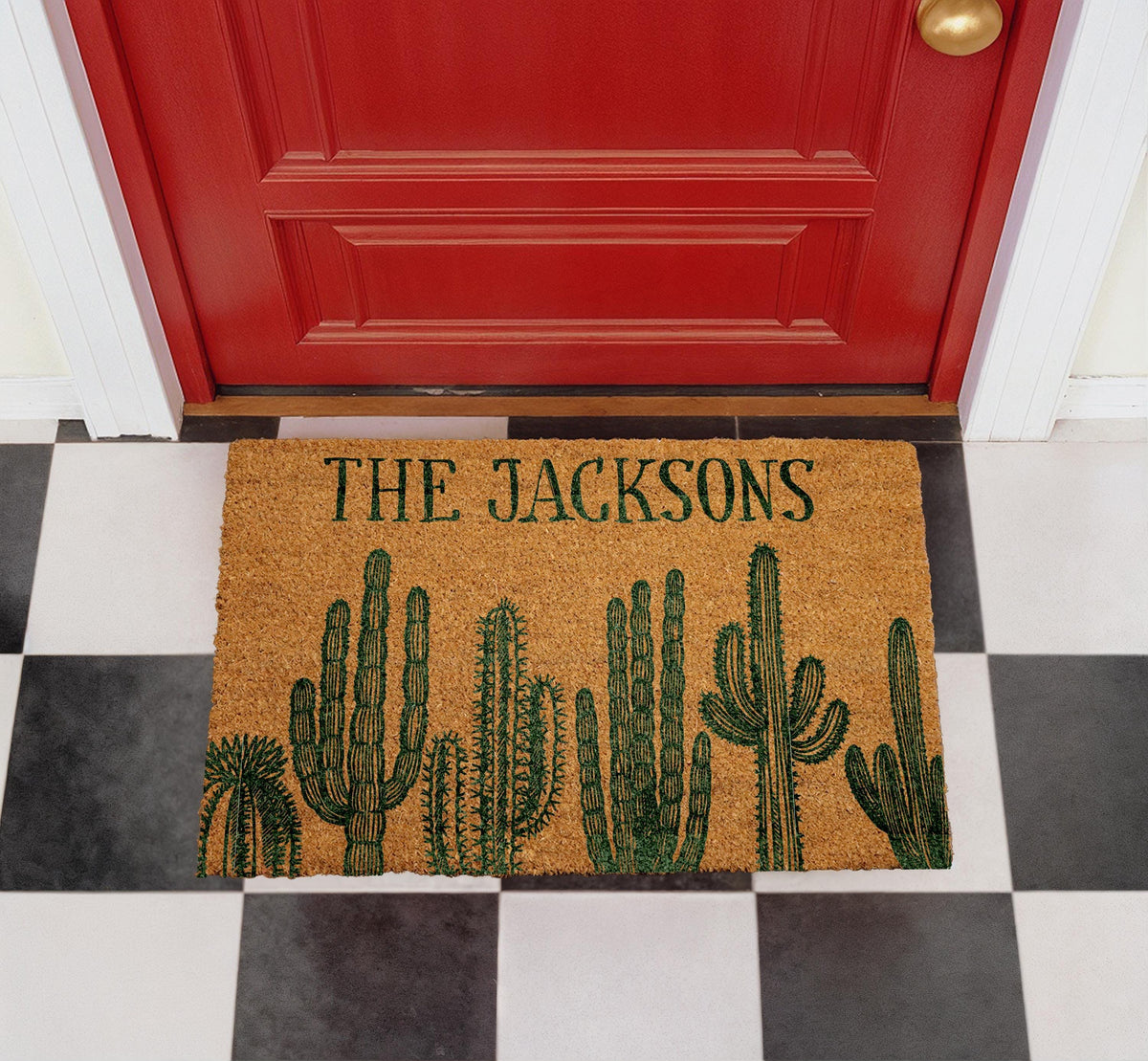 Personalized Cactus Coir Doormat, Custom Family Name Welcome Mat, Southwestern Entryway Rug