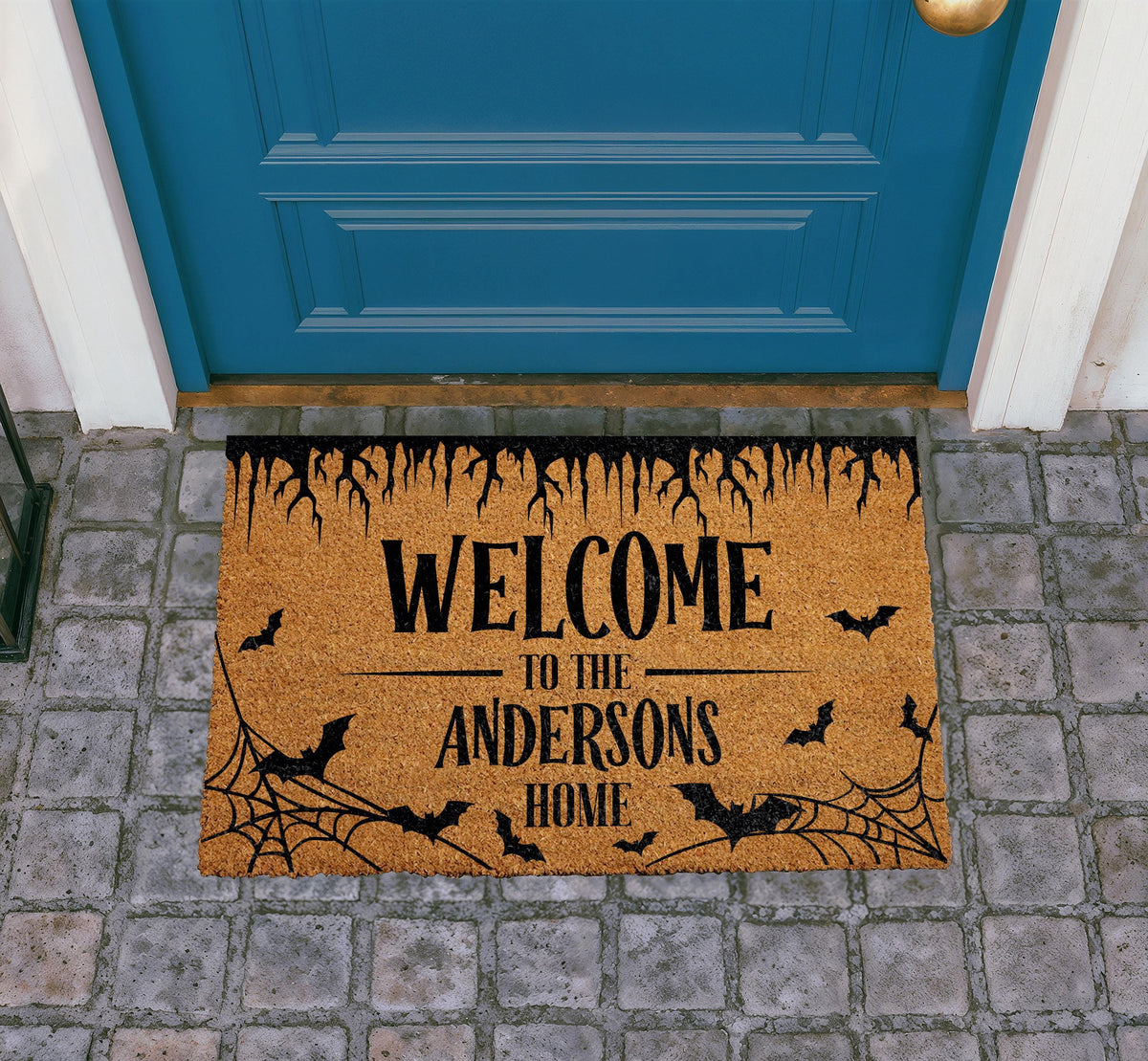 Personalized Halloween Doormat, Custom Bat & Spider Web Welcome Mat (Coir)