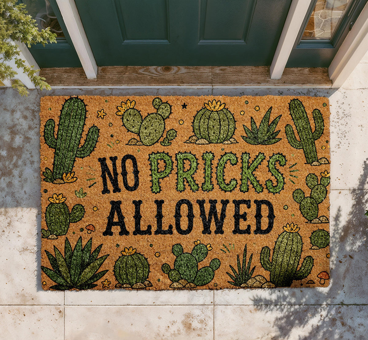 No Pricks Allowed Cactus Doormat, Personalized Coir Welcome Mat, Southwestern Porch Decor