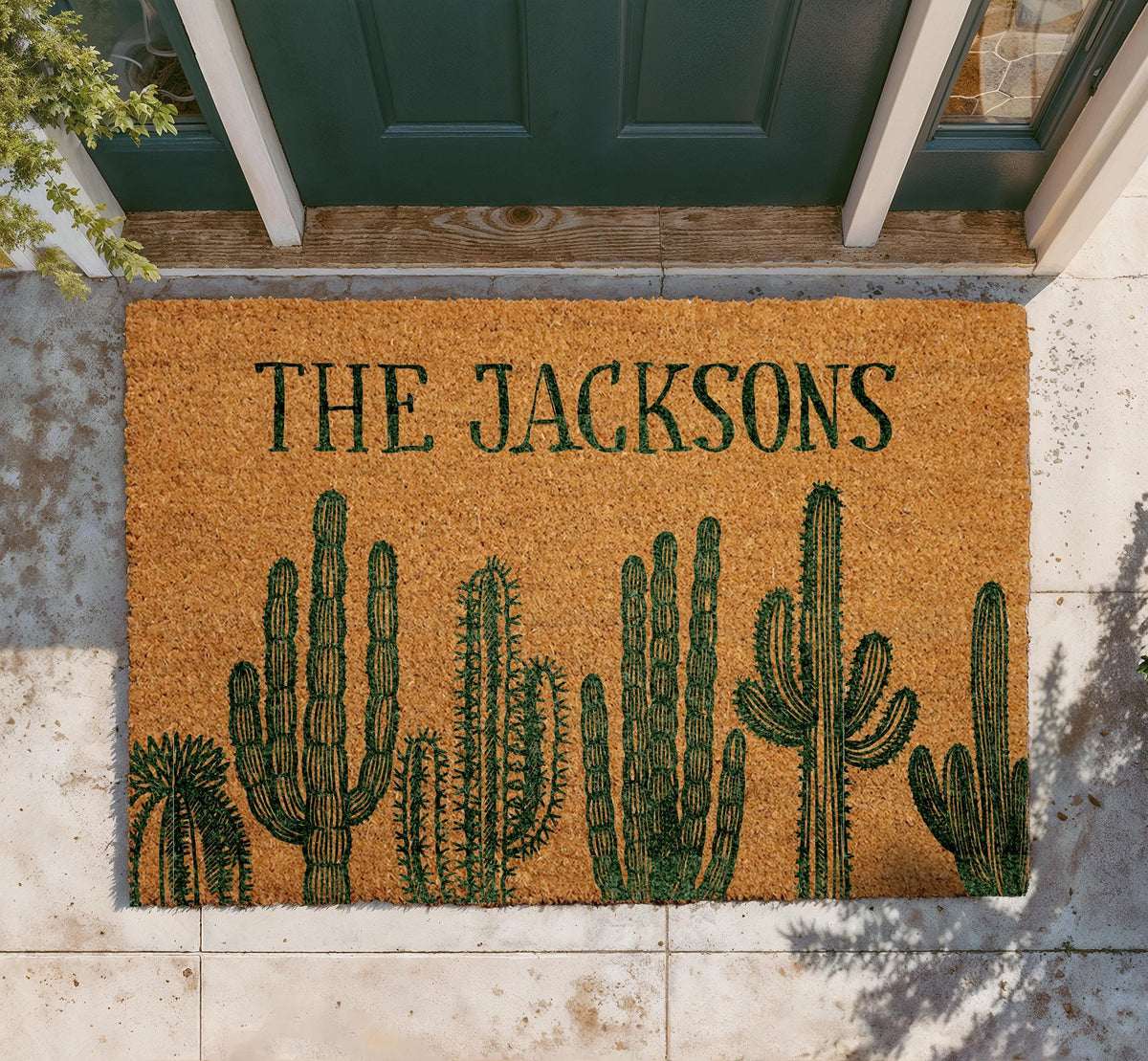 Personalized Cactus Coir Doormat, Custom Family Name Welcome Mat, Southwestern Entryway Rug