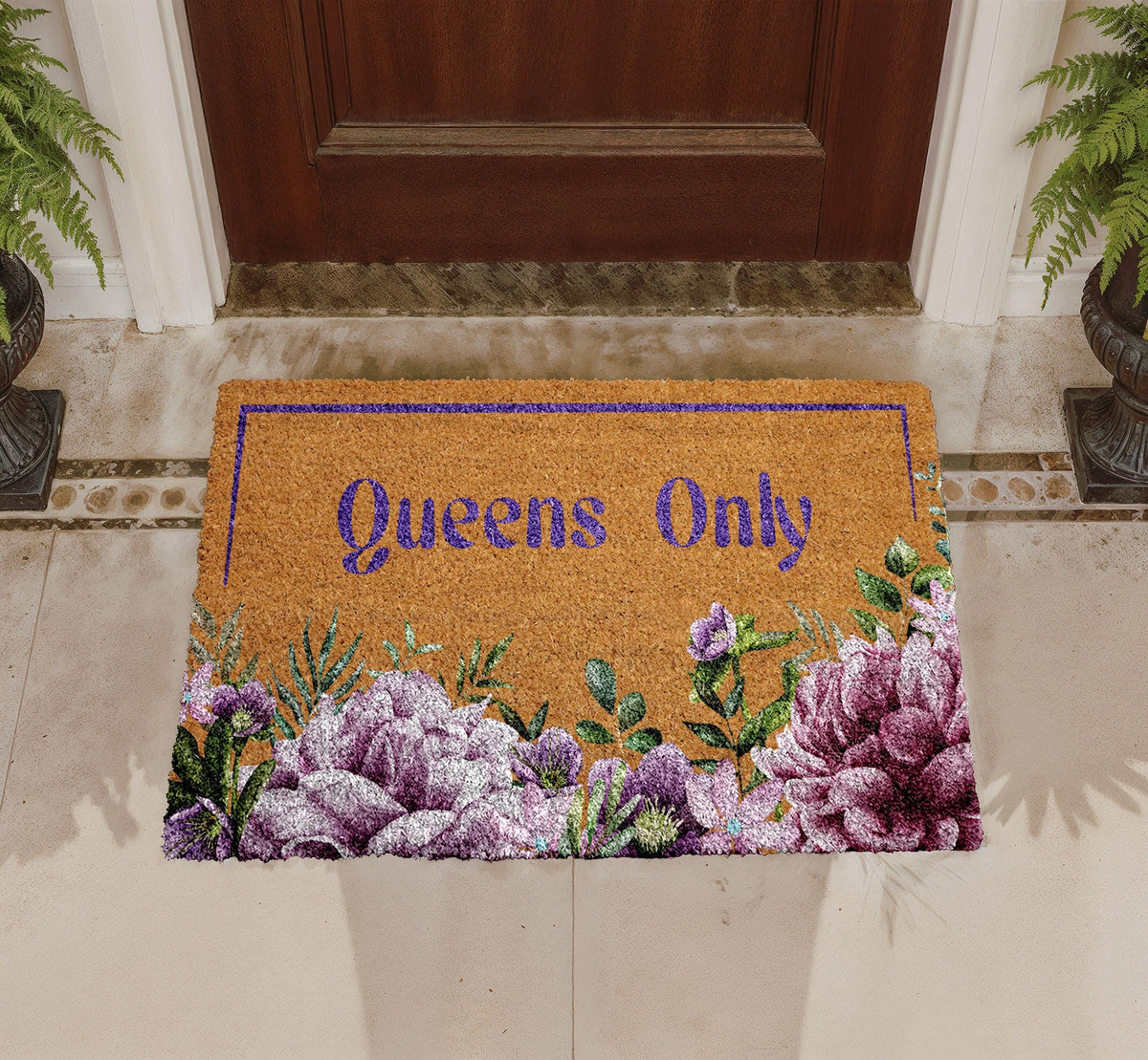 Floral Queens Only Doormat, Feminine Coir Entryway Rug, Elegant Flowers Front Porch Mat