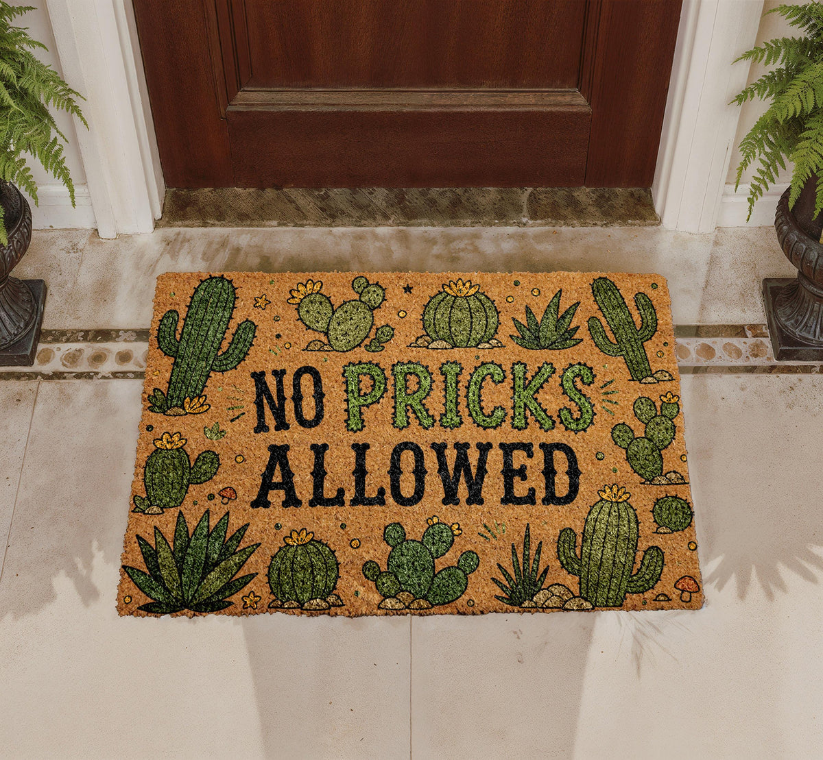 No Pricks Allowed Cactus Doormat, Personalized Coir Welcome Mat, Southwestern Porch Decor