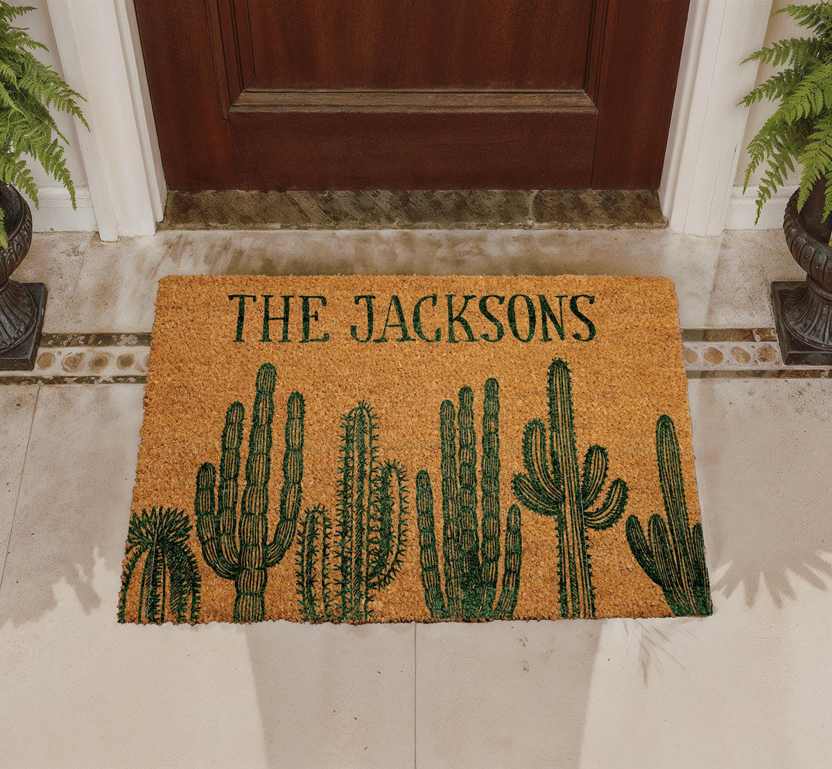 Personalized Cactus Coir Doormat, Custom Family Name Welcome Mat, Southwestern Entryway Rug