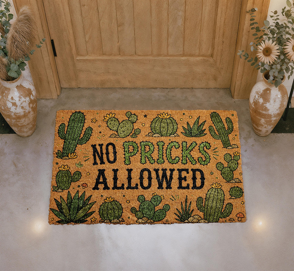 No Pricks Allowed Cactus Doormat, Personalized Coir Welcome Mat, Southwestern Porch Decor