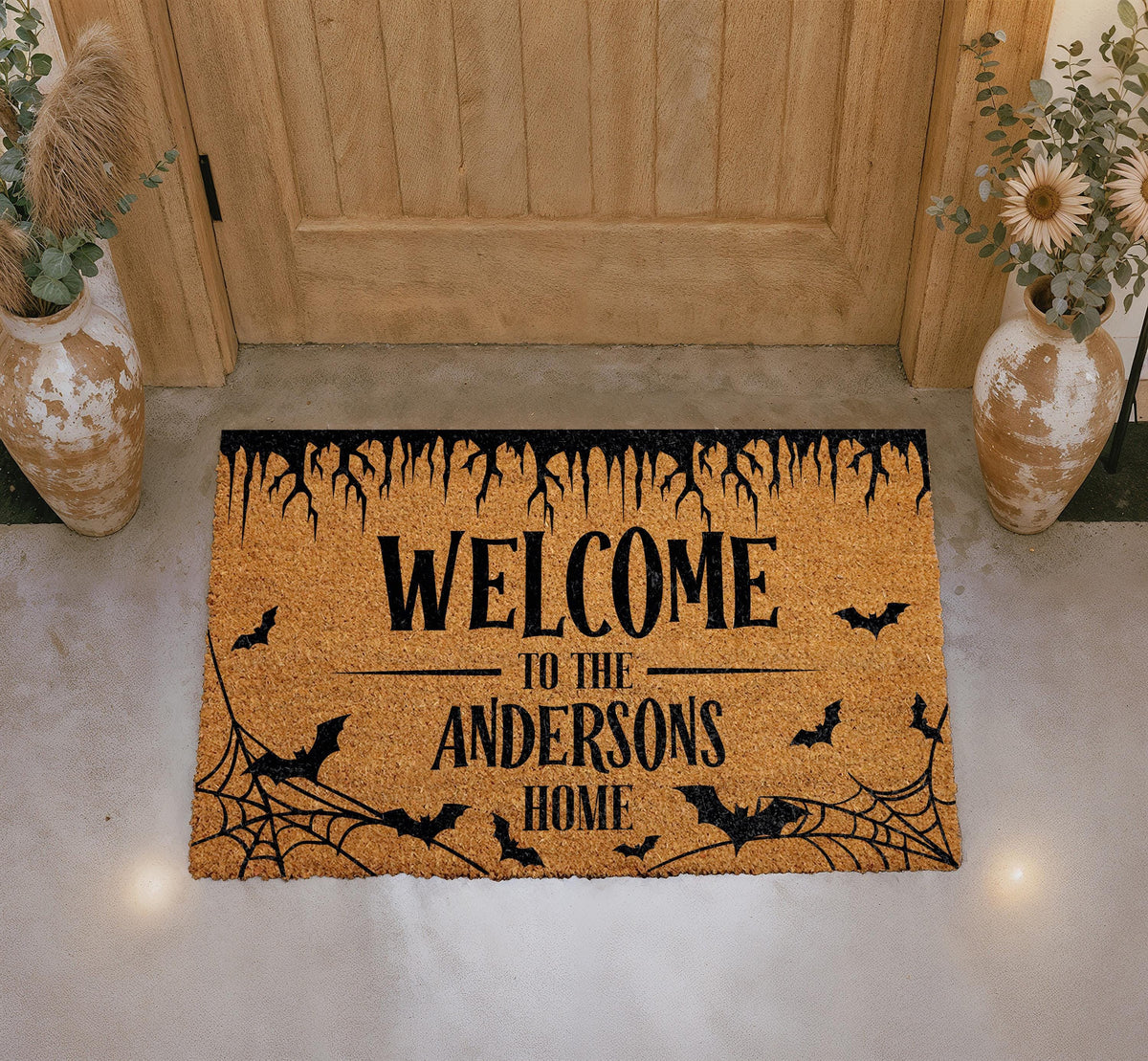Personalized Halloween Doormat, Custom Bat & Spider Web Welcome Mat (Coir)