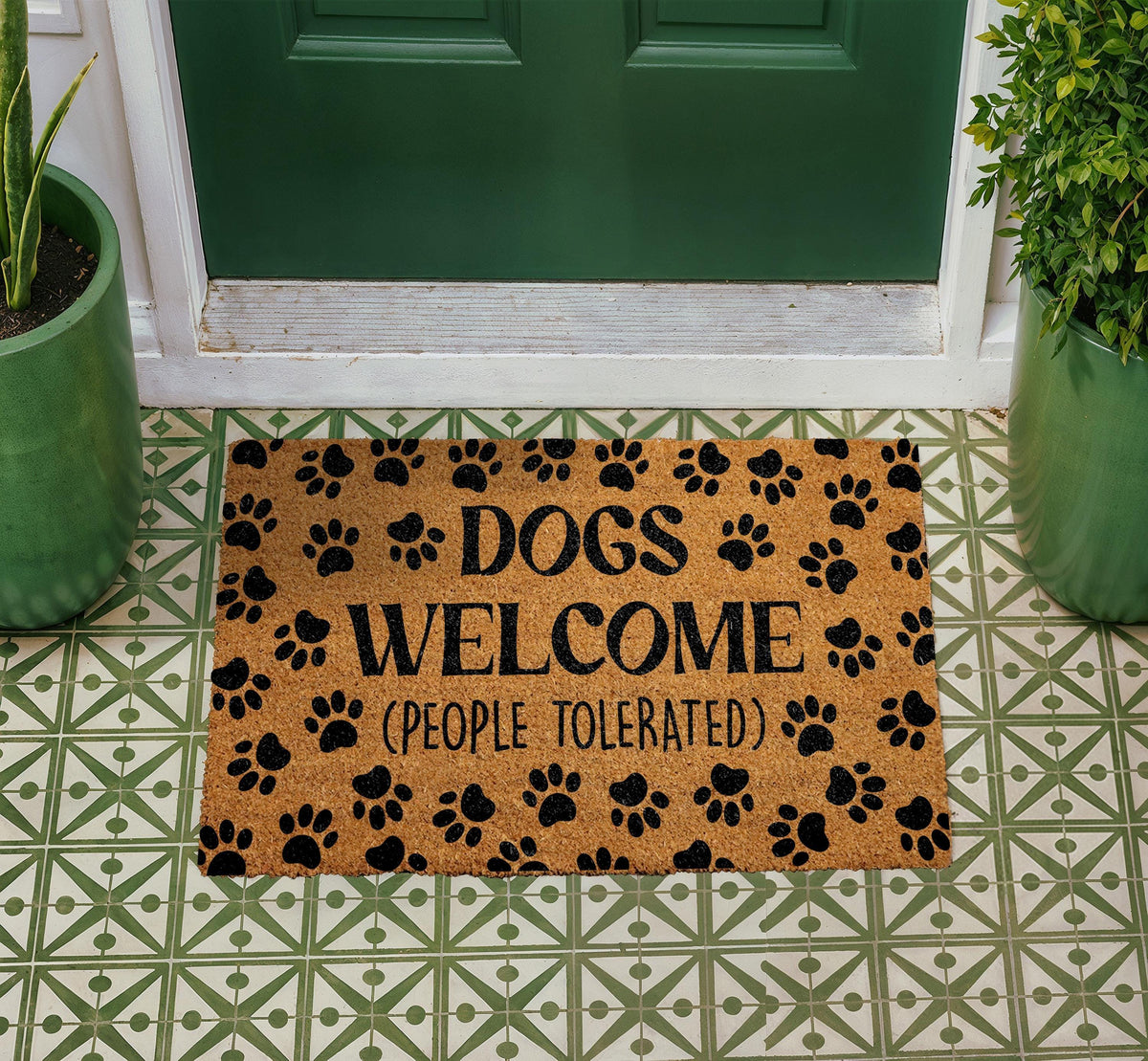 Funny Dog Welcome Mat, Natural Coir Paw Print Entryway Rug