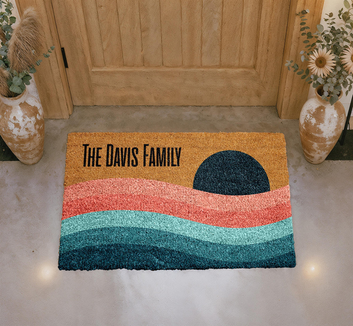 Personalized Family Doormat, Retro Sunset Ocean Wave Coir Mat (Custom Last Name)