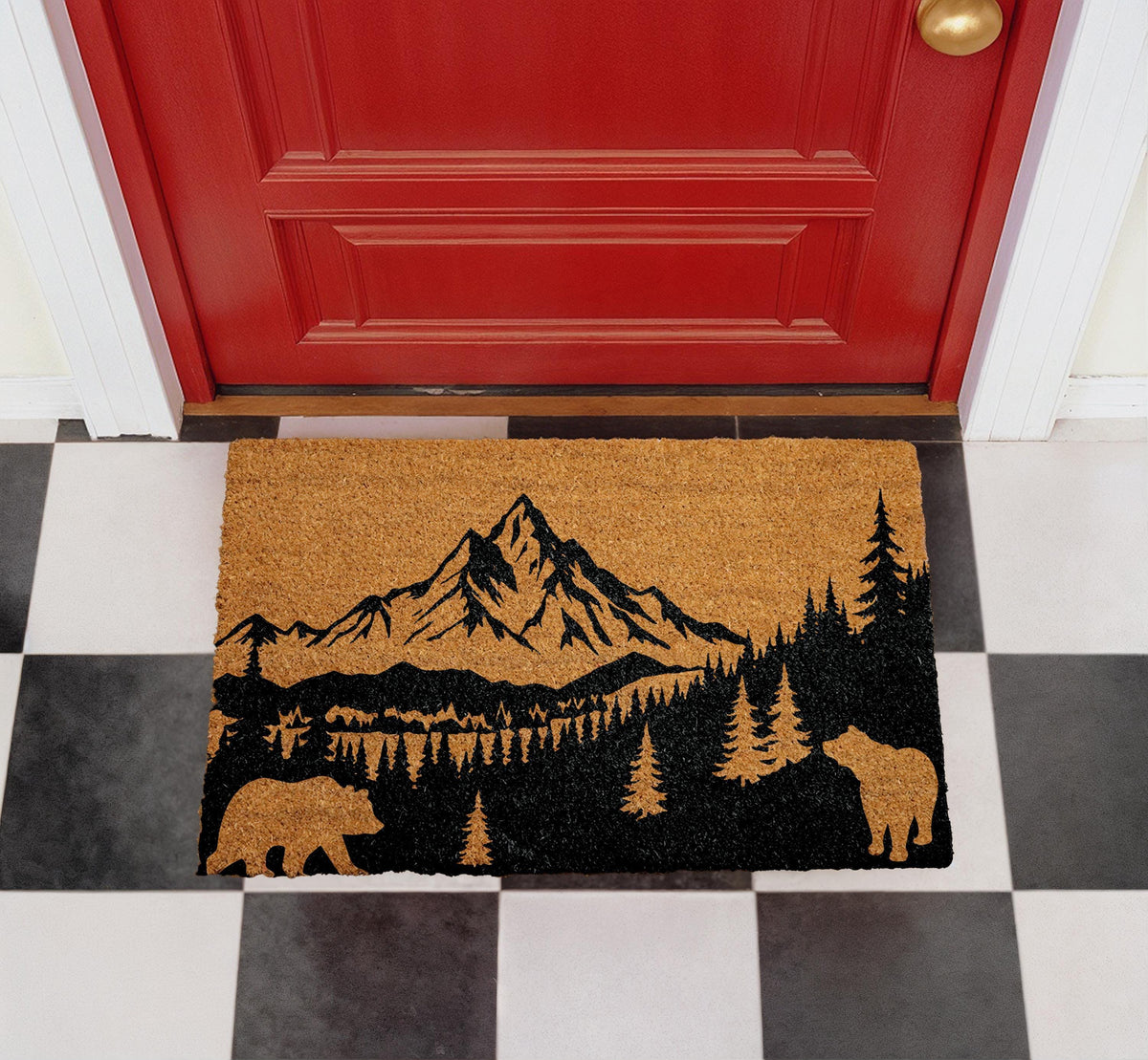 Personalized Mountain Landscape Doormat, Rustic Bear Cabin Front Entryway Mat