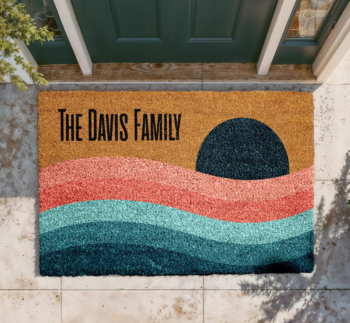 Personalized Family Doormat, Retro Sunset Ocean Wave Coir Mat (Custom Last Name)