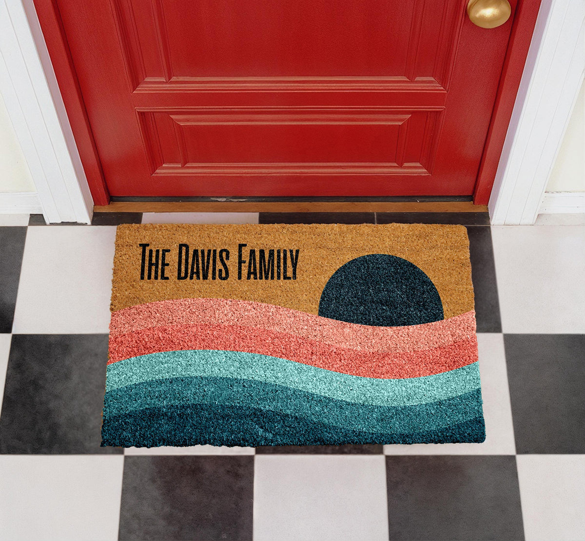 Personalized Family Doormat, Retro Sunset Ocean Wave Coir Mat (Custom Last Name)