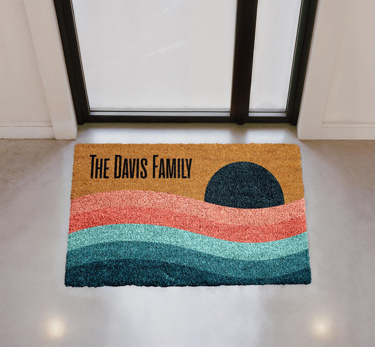 Personalized Family Doormat, Retro Sunset Ocean Wave Coir Mat (Custom Last Name)
