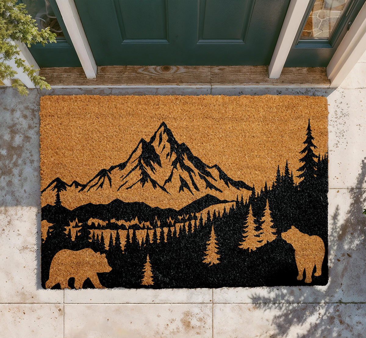 Personalized Mountain Landscape Doormat, Rustic Bear Cabin Front Entryway Mat