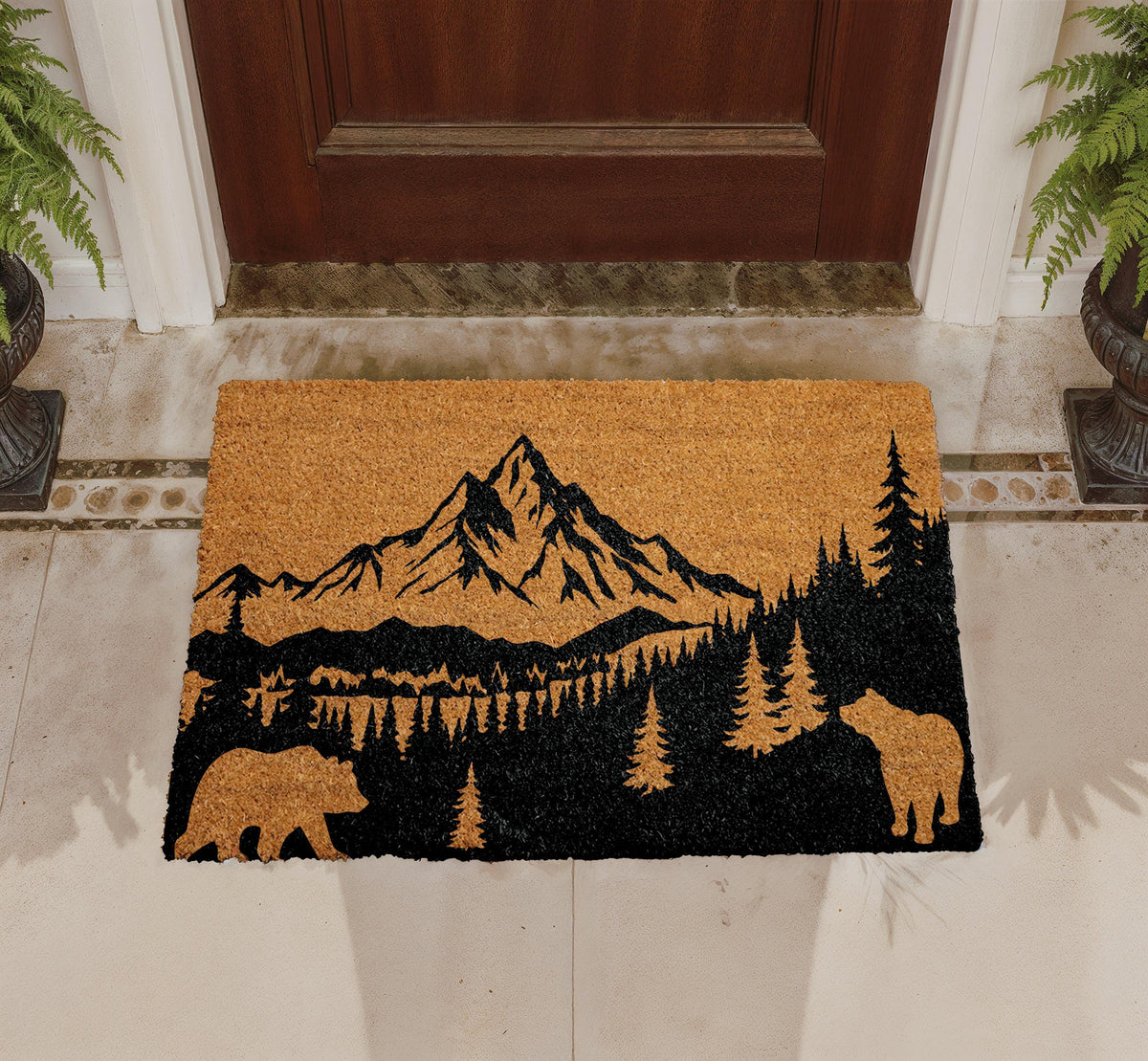 Personalized Mountain Landscape Doormat, Rustic Bear Cabin Front Entryway Mat