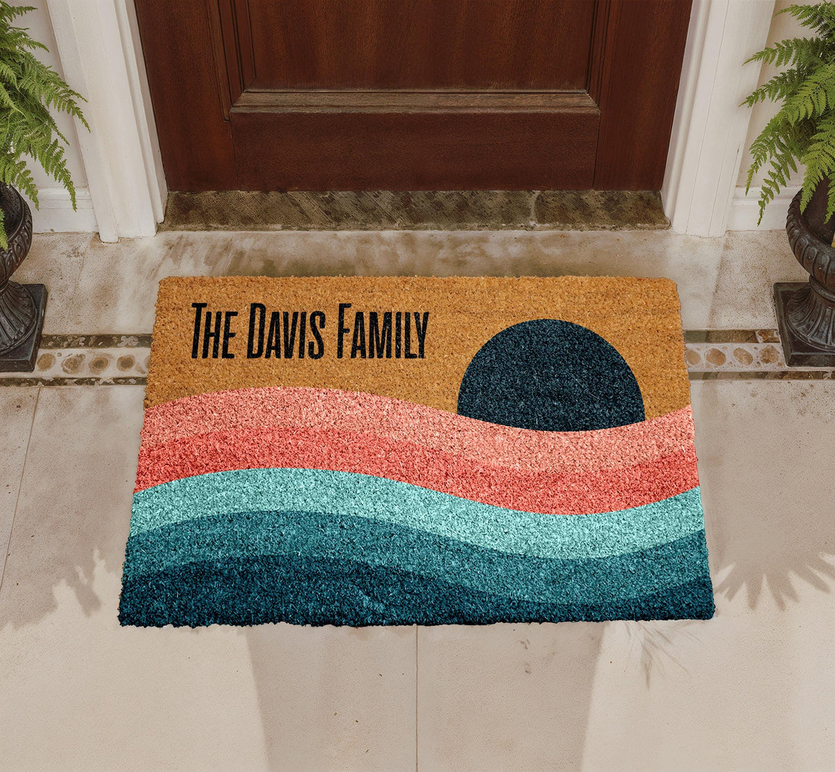 Personalized Family Doormat, Retro Sunset Ocean Wave Coir Mat (Custom Last Name)
