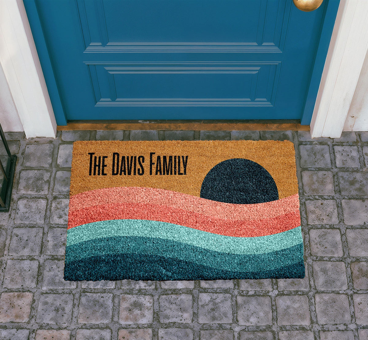 Personalized Family Doormat, Retro Sunset Ocean Wave Coir Mat (Custom Last Name)