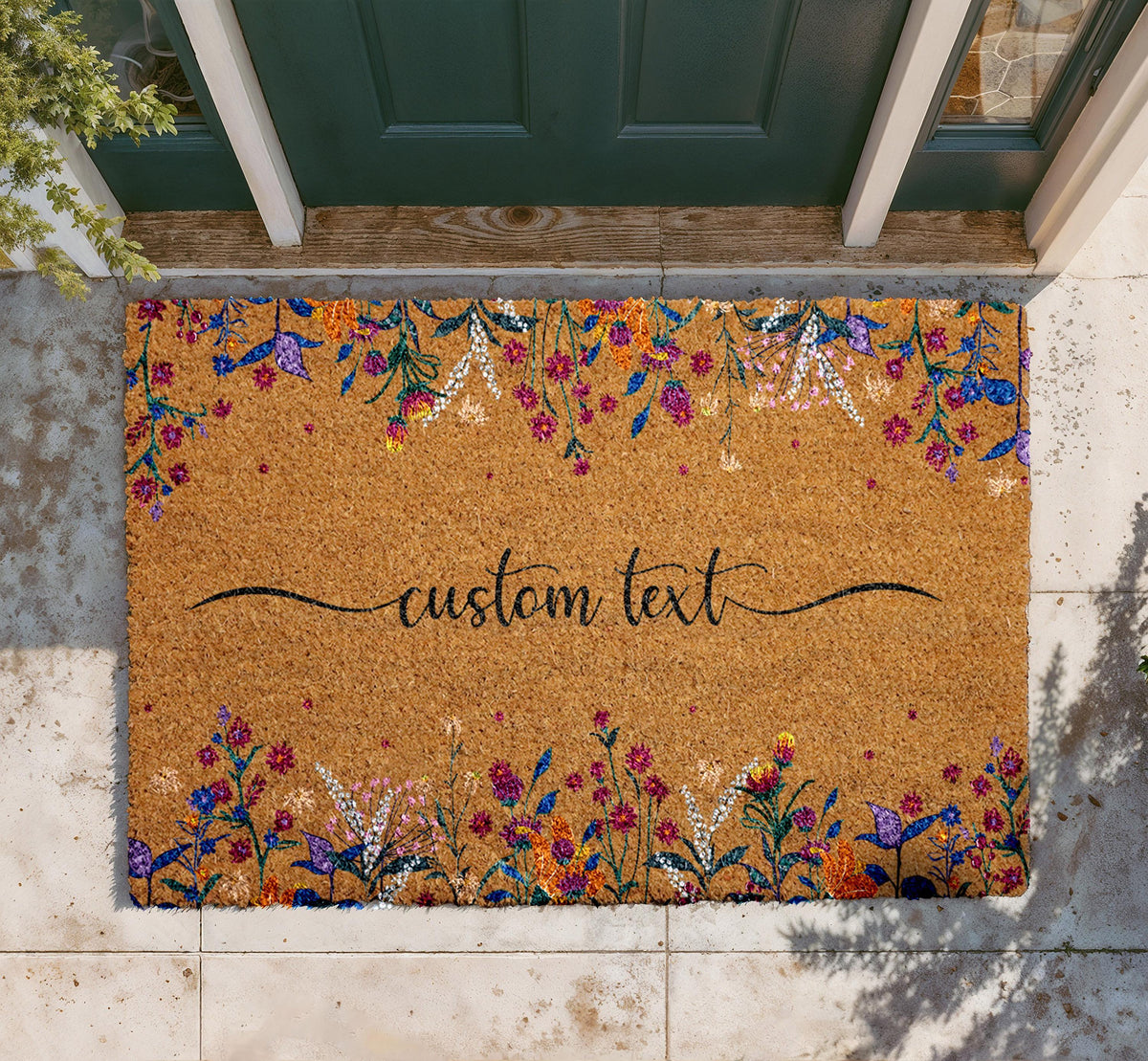 Boho Floral Door Mat, Personalized Family Name Welcome Rug
