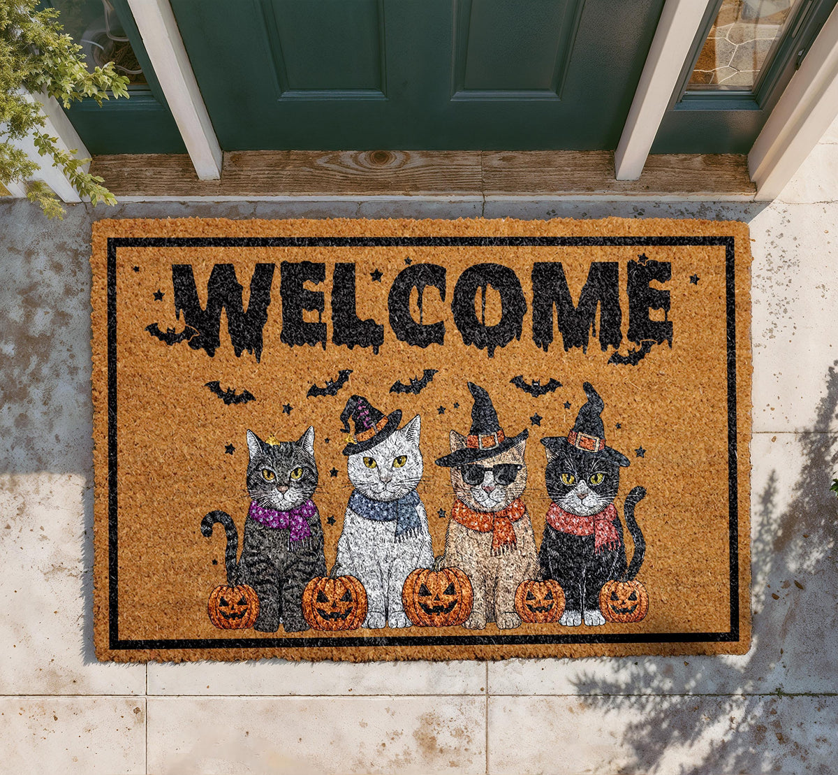 Halloween Witchy Cats Doormat, Pumpkin Welcome Mat, Coir Outdoor Rug (Personalized)