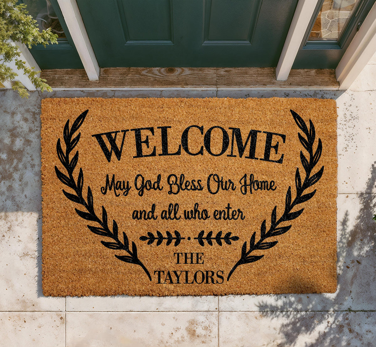 Personalized Family Name Doormat, Christian Welcome Mat, Natural Coir Entryway Rug