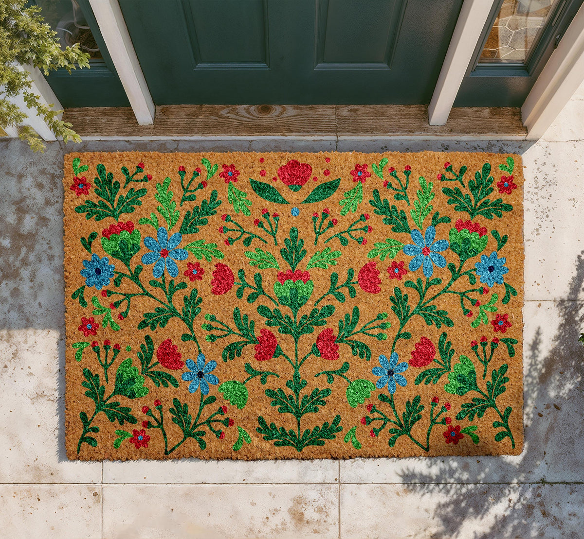 Personalized Floral Coir Doormat, Custom Welcome Mat, Boho Outdoor Rug (18"x30")