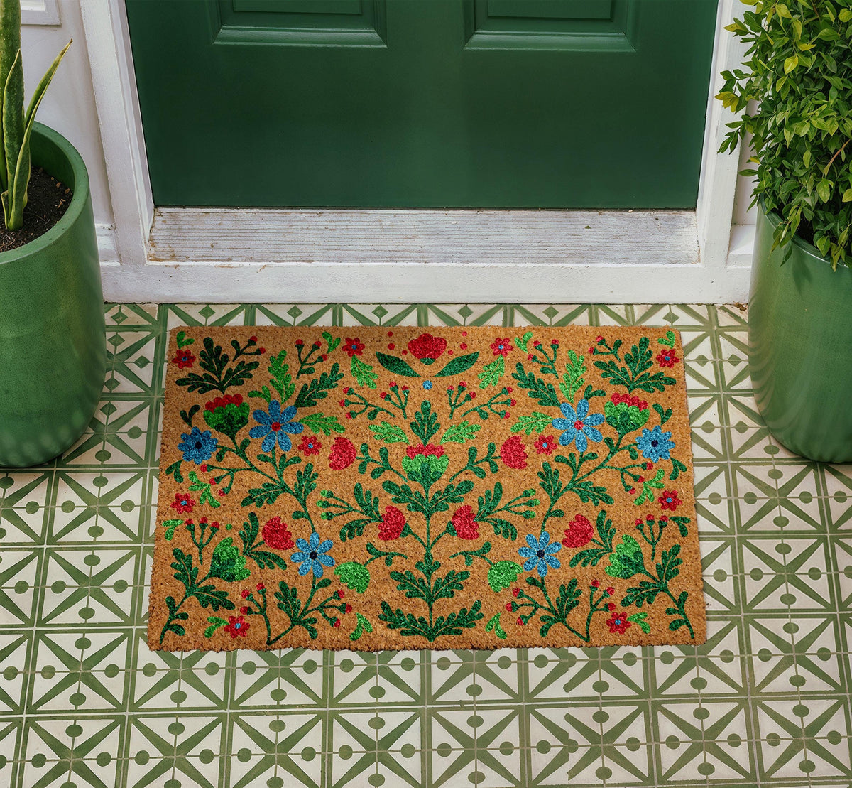 Personalized Floral Coir Doormat, Custom Welcome Mat, Boho Outdoor Rug (18"x30")