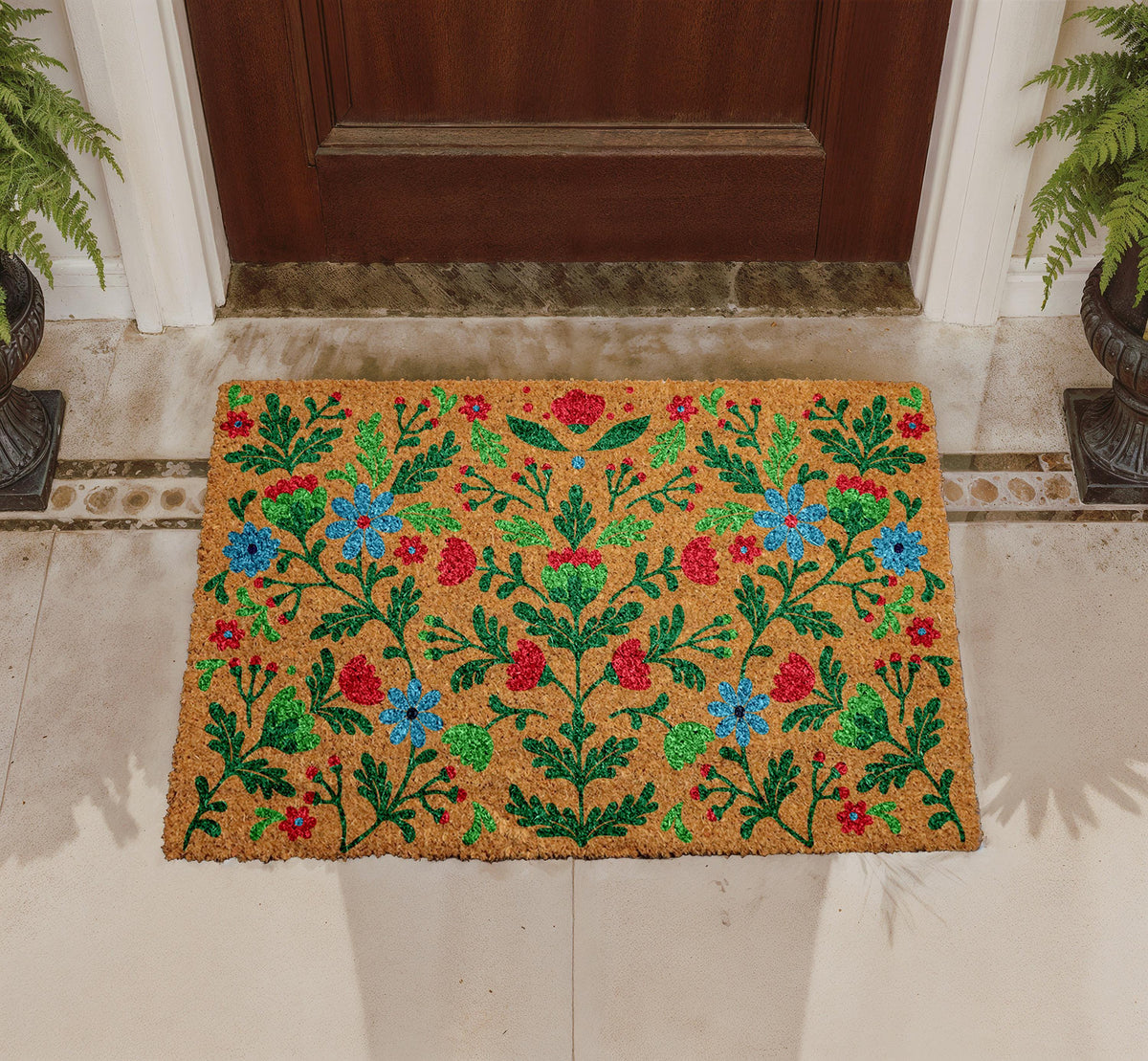 Personalized Floral Coir Doormat, Custom Welcome Mat, Boho Outdoor Rug (18"x30")