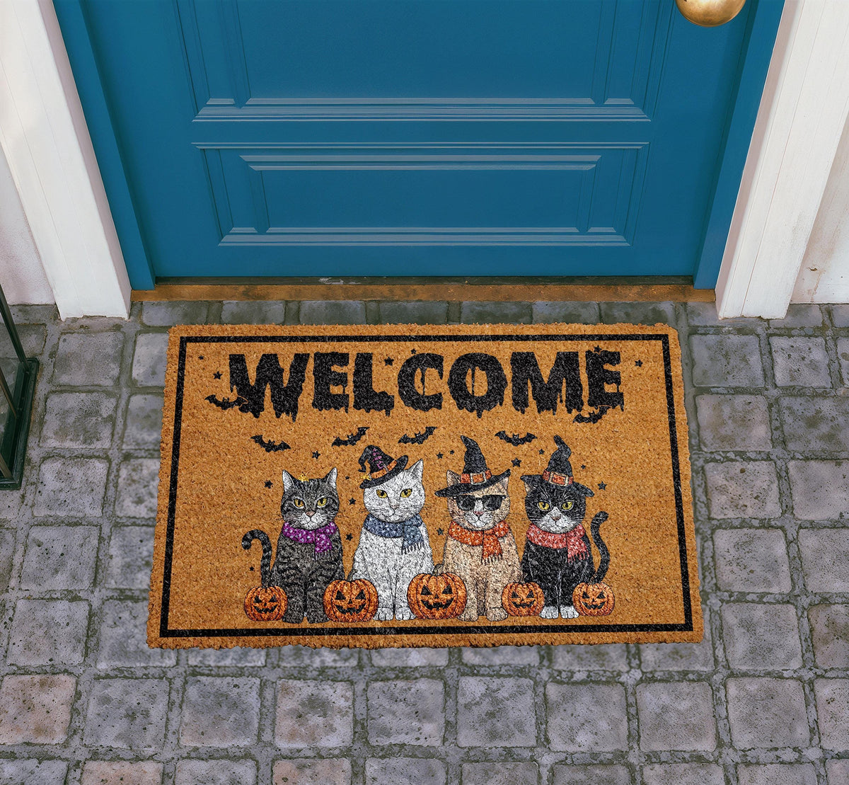Halloween Witchy Cats Doormat, Pumpkin Welcome Mat, Coir Outdoor Rug (Personalized)
