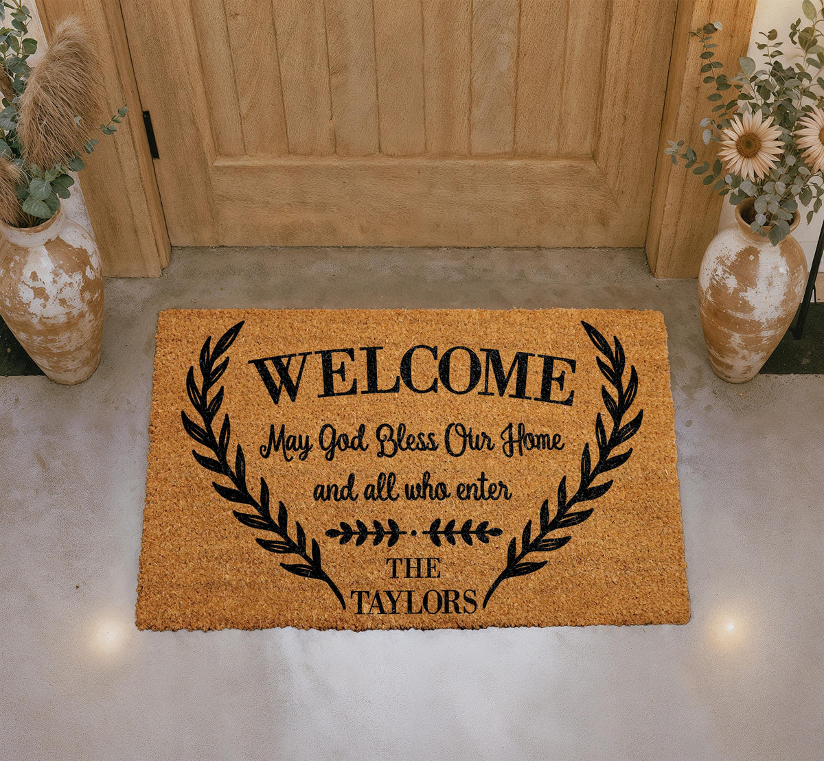 Personalized Family Name Doormat, Christian Welcome Mat, Natural Coir Entryway Rug