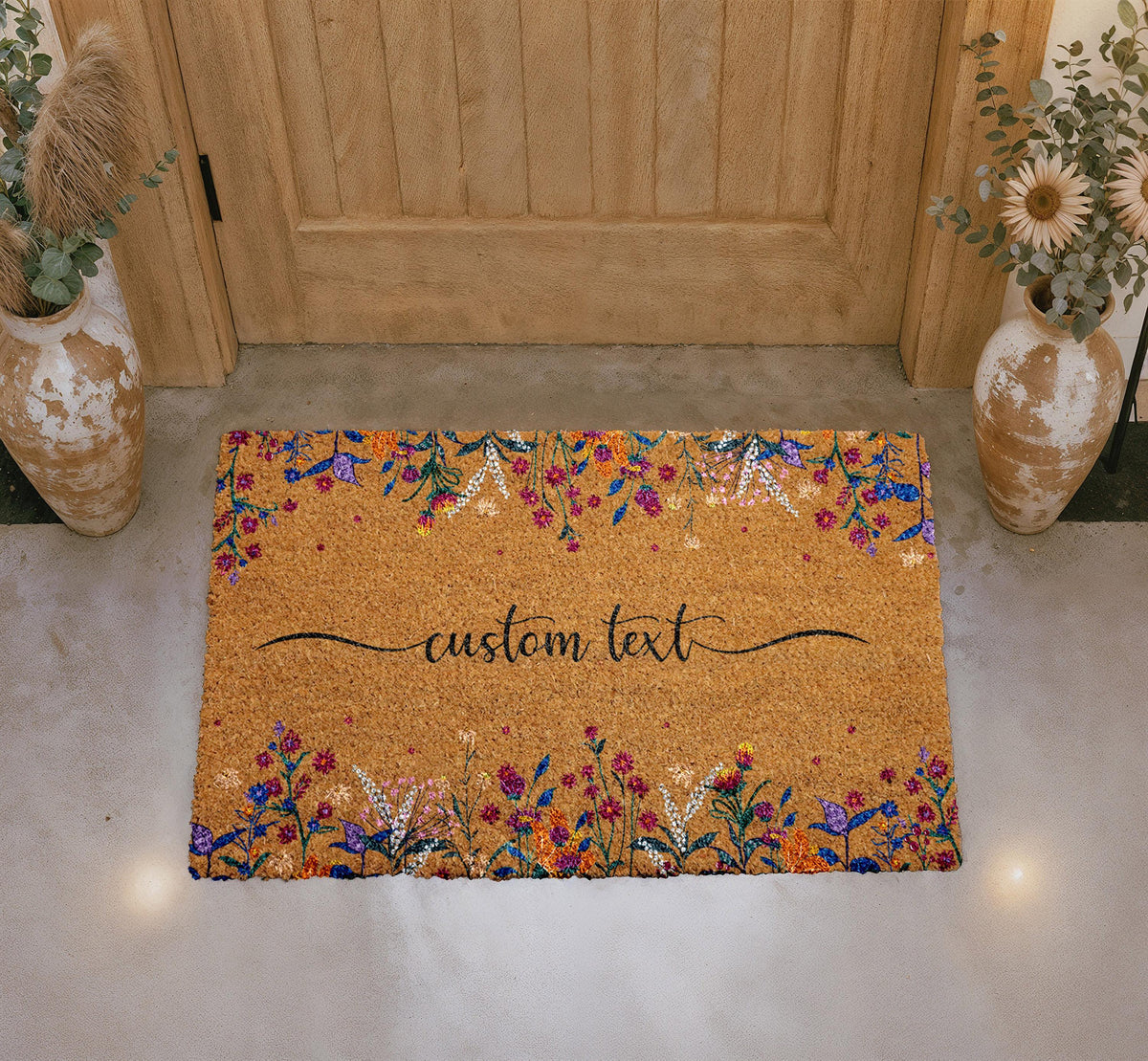 Boho Floral Door Mat, Personalized Family Name Welcome Rug