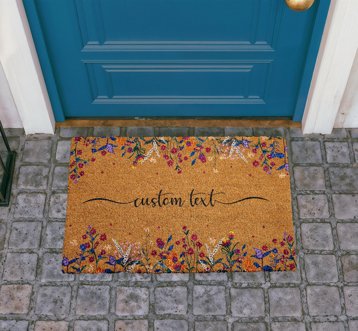 Boho Floral Door Mat, Personalized Family Name Welcome Rug