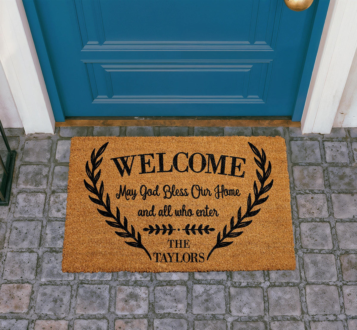 Personalized Family Name Doormat, Christian Welcome Mat, Natural Coir Entryway Rug